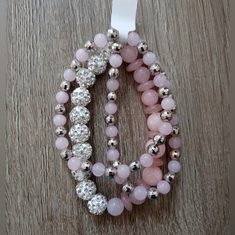 Rose Quartz Rhinestone Healing Stacked Bracelets